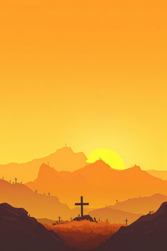 Wooden cross over orange sky background. Christian concept