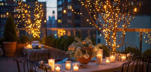 A cozy rooftop ambiance, with a festive table adorned with candles and floral arrangements.