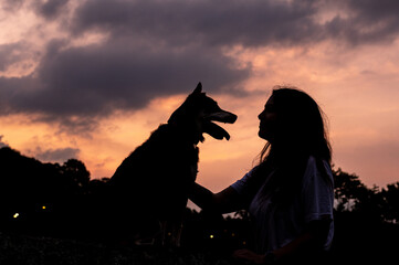 silhouette of  a young woman with a ball and a dog at sunset