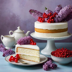 still life with a white cake with red currant and lilacs