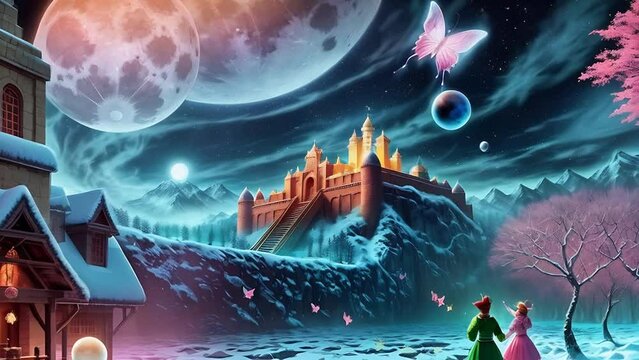 Magical castle under a large moon in a fantastical landscape. The concept of a fairy-tale reality and enchantment.