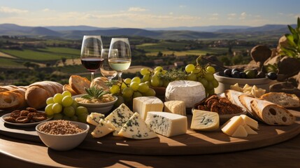 Assortment of artisanal cheeses and bread on a rustic wooden table, wine bottles and vineyard landscape in the distance, capturing the essence of culinary tours - obrazy, fototapety, plakaty
