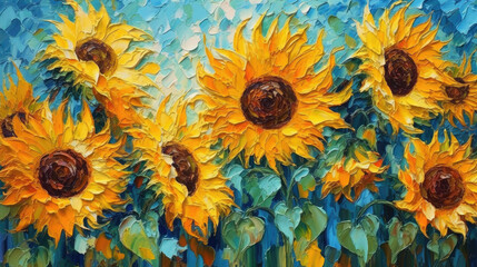 large oil sunflowers in van gogh style background art wallpaper, print, poster, wall painting, interior - generative AI - obrazy, fototapety, plakaty