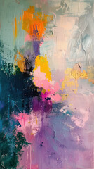 Dynamic abstract painting with pastel colors and expressive strokes.
