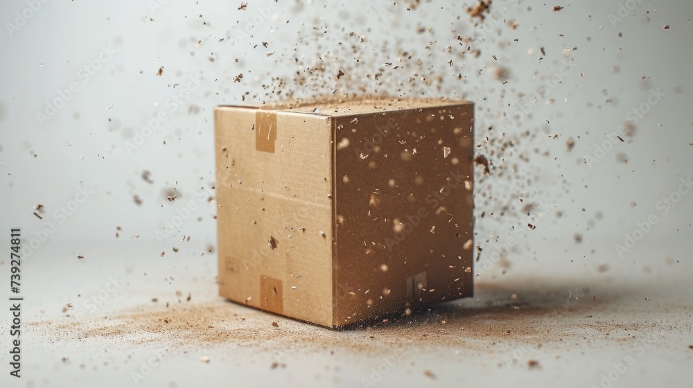 Poster an isolated image of a closed cardboard brown box flying over a white background