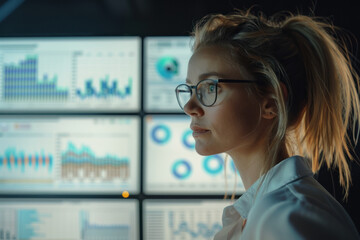 a female data analyst looking at a bunch of data visualisation and various type of graphs on three computer screens
