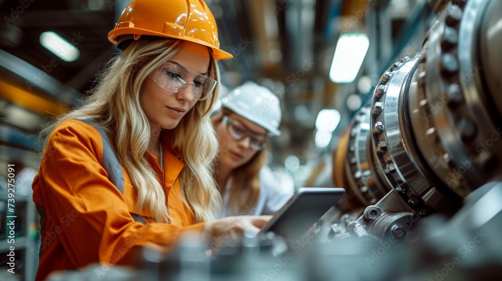 Poster Project Manager and Chief Engineer at Technology Research Facility consult a Tablet Computer. Industrial Engineers and Developers design engines using computers.