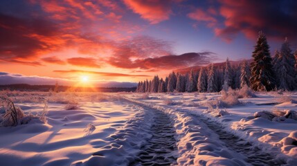 A vibrant sunset over a snow-blanketed meadow, the sky painted in shades of orange and purple, snowflakes gently falling, the silhouette of a distant forest on