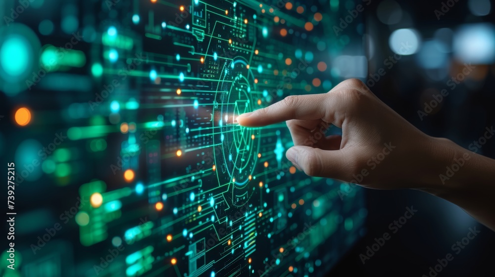 Poster Business teamwork analyzing financial graphs on virtual touch screens. Futuristic technology solution for business development based on data science, business analysis, and strategy.