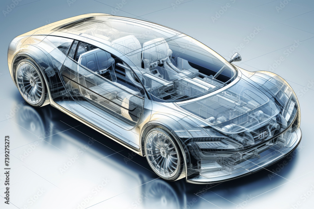 Poster transparent car design showcasing internal mechanics and structure on a reflective surface