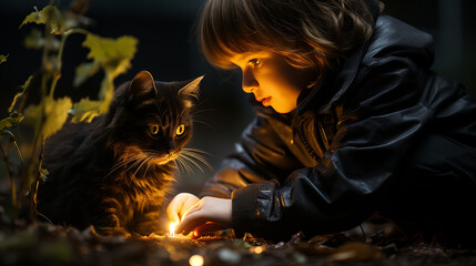 Un chat noir, fier et rusé, guide un enfant perdu dans la forêt sombre jusqu'à retrouver sa maison, illuminant leur chemin de lueurs magiques.  - obrazy, fototapety, plakaty