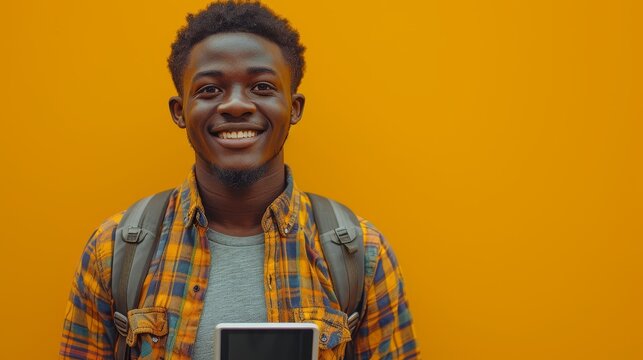 A black male student holds a digital tablet and backpack in front of a yellow background, demonstrating how technology has been integrated into education.