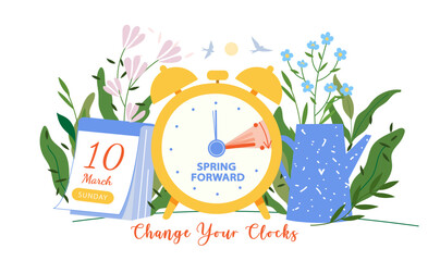 Spring daylight time concept. Clocks are moved forward one hour with calendar date sunday, 10 march, 2024. Schedule banner reminder. Spring Forward shift hour, ositive illustration with alarm clock
