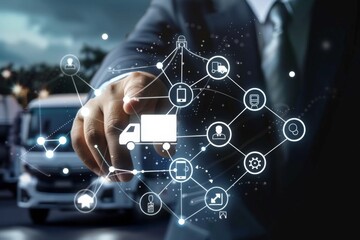 a businessman is touching a transport virtual icon sush as product, delivery on virtual screen for product transportation