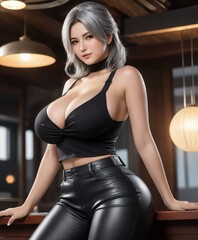 Fototapeta na wymiar german girl with big breast posing in a black top and pants boudoir