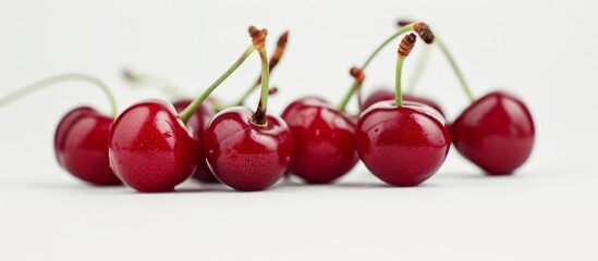 Fresh red cherries with stems on a white background for healthy eating concept