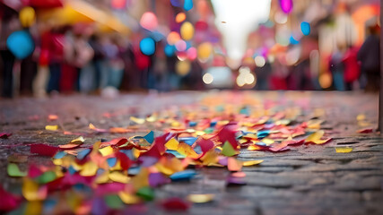 Fototapeta na wymiar colorful confetti fallen on the street at carnival blurred background banner
