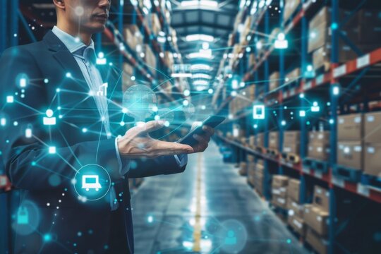 a businessman is touching a transport icon sush as product, delivery,