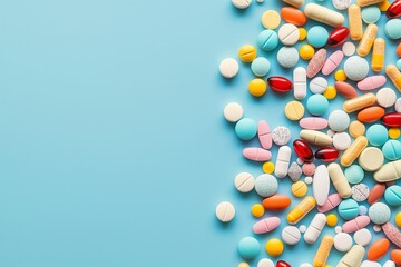 Assorted Pharmaceutical Pills and Capsules on a Blue Background with space for text. Copy space