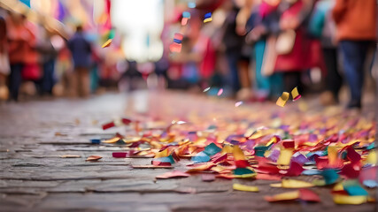 colorful confetti fallen on the street at carnival blurred background banner