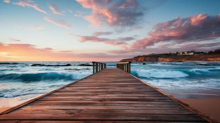Deurstickers Empty wooden pier extending into a calm sea at sunrise, soft pastel sky, conveying the tranquility and beauty of early morning at the beach, Photorealistic, sun © ProVector