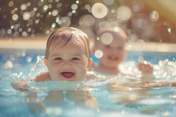 Fototapeta na wymiar Happy babies playing in swimming pool during summer vacation