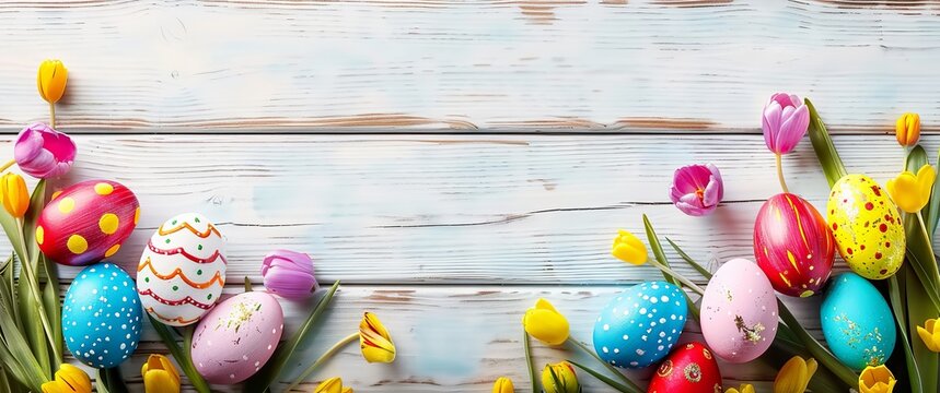 Painted Eggs and Tulips Artfully Displayed on a White Plank, Infusing a Touch of Springtime Joy. Made with Generative AI Technology