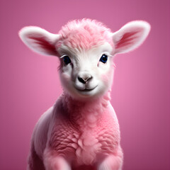 Obraz premium Close-up portrait of cute pink lamb, isolated on pink background.