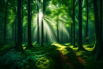 Obraz premium A picturesque display of a tranquil forest featuring long green trees, the HD camera capturing the enchanting scenery and the interplay of light and shadow in stunning