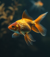 a goldfish swimming in the night on a black background