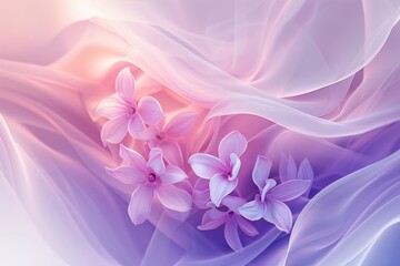 Beautiful flowers on the background of a wavy silk fabric. Lilac and cream floral arrangement. Concept for Valentine's Day or Women's Day, Mother's Day. 