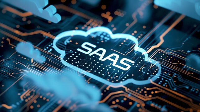 SaaS, Software as a Service. Networking Technology Internet concept. SAAS logo shown on an electronic circuit board