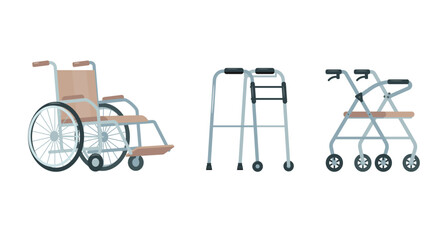 Set of equipment for people with disabilities or elderly and social adaptation. Wheelchair and Walkers. Medicine rehabilitation in clinic and hospital. Vector icons isolated on white background. - obrazy, fototapety, plakaty