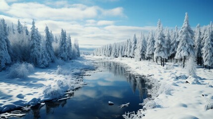 An aerial view of a dense winter forest, the snow-covered trees creating a mesmerizing pattern of white and green, the landscape a testament to the quiet and en
