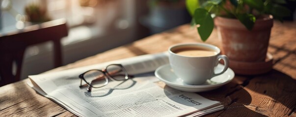 Cup of coffee on office desk with glasses ond newspaper