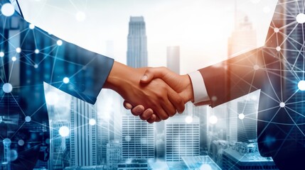 Fototapeta na wymiar Partners shaking hands for successful of investment deal in front on modern business skyscrapers background, bright and clean high tech, Teamwork and partnership.