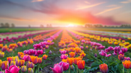 field of tulips in the evening