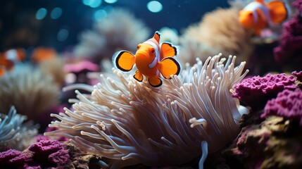 Naklejka na ściany i meble Close-up of a clownfish among anemones in a reef, vivid colors, focus on the symbiotic relationship and delicate marine life, Photorealistic, underwater wildlif