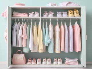 wardrobe with baby clothes, pastel colors