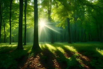 A sunlit forest glade with a canopy of long green trees, the high-definition camera capturing the play of sunlight on leaves and the refreshing ambiance in realistic