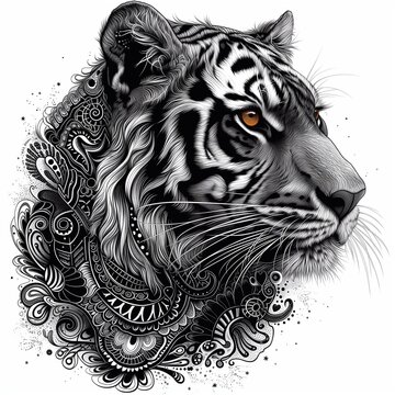 Tiger's head, zentangle, black and white isolated image on white background