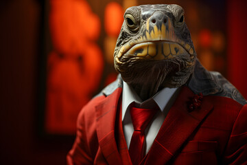Turtle in Fashionable Suite on Plain Background - Tailored for Dynamic and People-Centric Marketing
