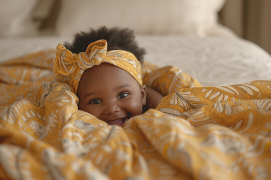 Cute African baby girl with African pattern head wrap (doek, gele) lying on the bed laughing