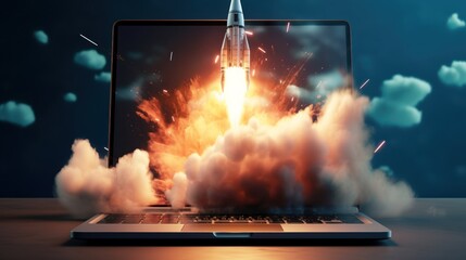 illustration of a rocket flying from the laptop screen