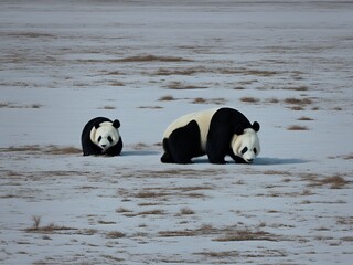 Mother panda and its baby looking for food in a snowy tundra, animal photography