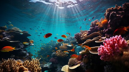 A vibrant coral reef teeming with colorful fish and marine life, the intricate ecosystem a burst of color and activity beneath the water's surface, Photography,
