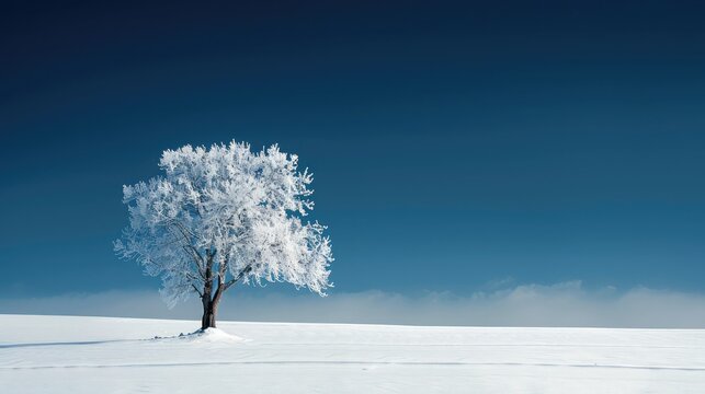 Alone frozen tree in snowy field and dark blue sky
