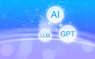 lighten bubbles with AI, LLM and GPT in front of a blue purple gradient background with waves and connections, generative pre-trained transformers, large language model, artificial intelligence