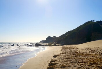 view of the beautiful coastline at the Punta Paloma beach with dunes and rocks near Valdevaqueros,...