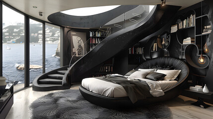 A sleek modern black and white bedroom. Interior design. Created with generative AI.